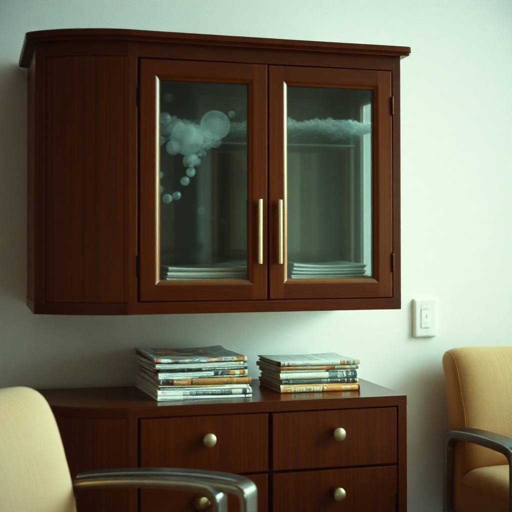 Aquarium haze behind a magazine cabinet shelf